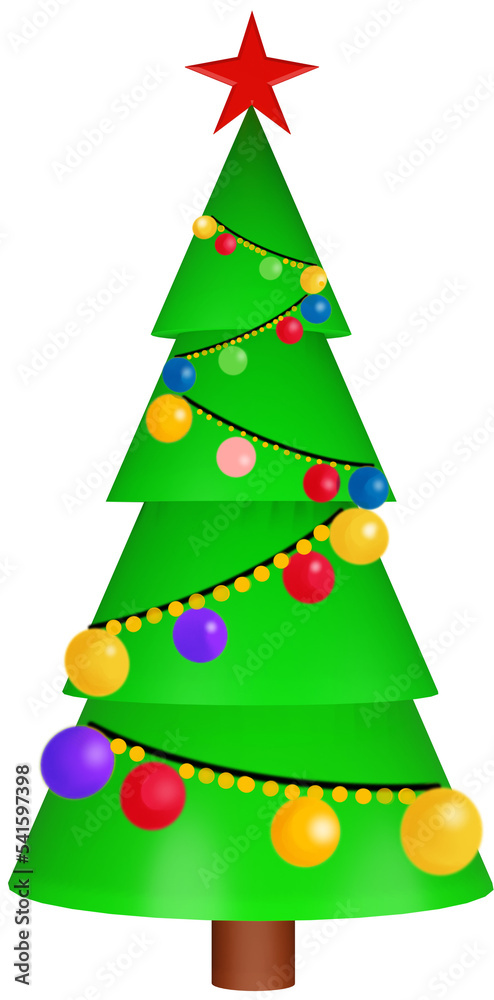 3D illustration of a Christmas green tree and for the New Year with colourful decorations and toys on a transparent background 3D illustration of a Christmas green tree and for the New Year with colourful decorations and toys on a transparent background