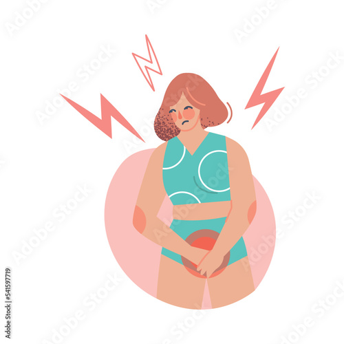 Period or Menstruation with Sad Female Sitting Feeling Spasm and Pain Vector Illustration