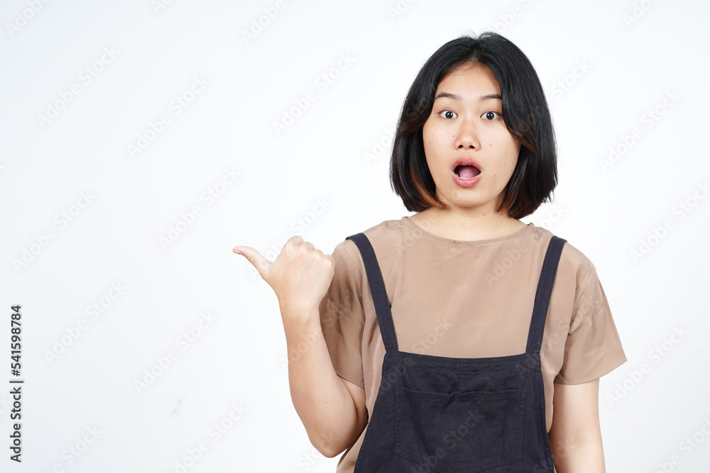 Presenting and Pointing Side Product Using Thumb of Beautiful Asian Woman Isolated On White Presenting and Pointing Side Product Using Thumb of Beautiful Asian Woman Isolated On White