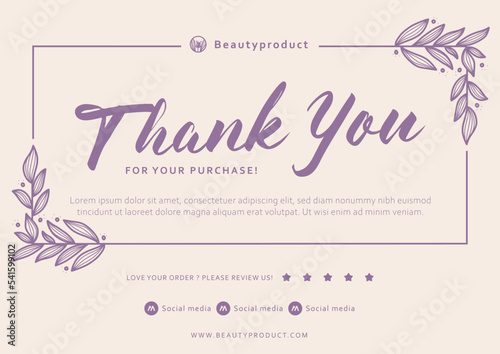 purple floral thanks card thank you card print template with flower outline frame border decoration in royal premium style