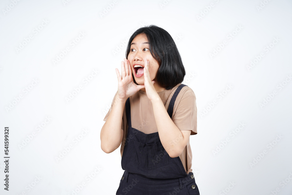 Announcement with hands over mouth of Beautiful Asian Woman Isolated On White Background Announcement with hands over mouth of Beautiful Asian Woman Isolated On White Background