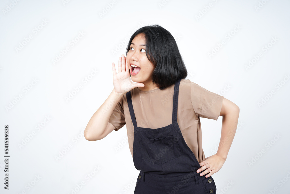 Announcement with hands over mouth of Beautiful Asian Woman Isolated On White Background Announcement with hands over mouth of Beautiful Asian Woman Isolated On White Background