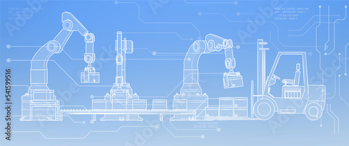 Industrial Robotic arm diagram on blue background, web banner, technology and industrial concept