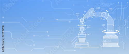 Industrial Robotic arm diagram on blue background, web banner, technology and industrial concept photo