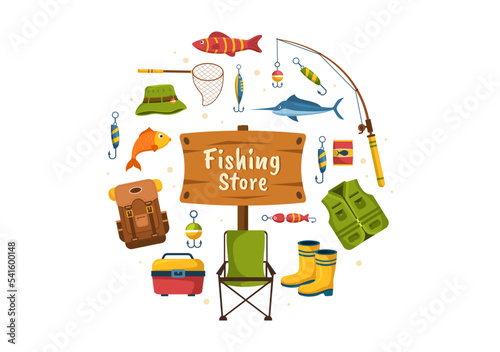 Fishing Shop Selling Various Fishery Equipment, Bait, Fish Catching Accessories or Items on Flat Cartoon Hand Drawn Templates Illustration