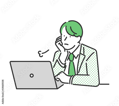 パソコンの前で頬杖をついてため息を吐く男性のビジネスパーソンのイラスト素材