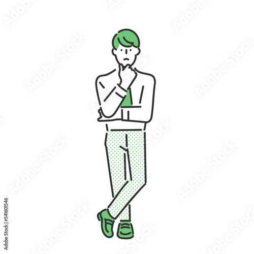 腕を組んで考えるポーズをとる男性のビジネスパーソンの男性のイラスト素材