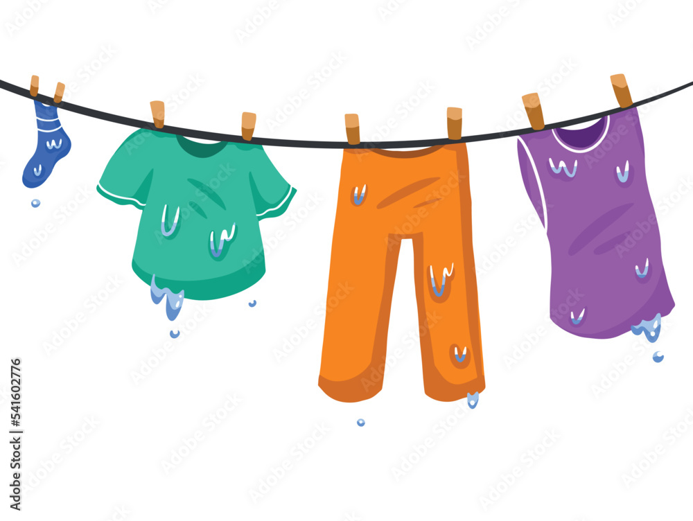 Illustration of cartoon hanging wet clothes, pants, tank top, shirt