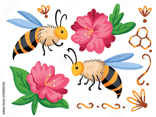 Illustration of bee animal insect. Two bees and two pink flowers with harmonic pleasing colours. Flying insect with flat art style vector illustration drawing on white background. © Amanda Alamsyah