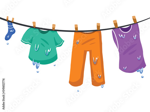 Illustration of cartoon hanging wet clothes, pants, tank top, shirt, and sock. Drying clothes on cloth line on white background. Vector illustration with flat style drawing.