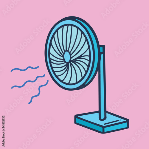 Vector illustration of electric rechargable turquoise fan with wind cooling effect. Cartoon flat illustration drawing of desk fan.