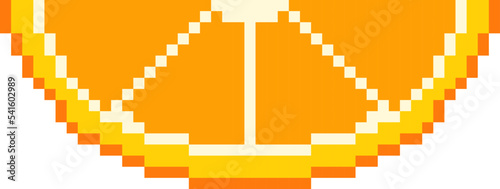 Sliced Orange Isolated Pixel Art. Orange fruit. Pixel art retro icons for 8 bit video game design. Old school computer graphics style. Vector illustration on a white background.
