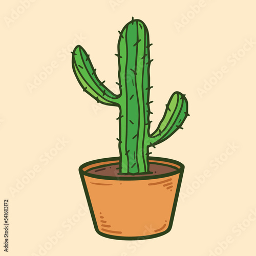 Vector illustration of a cactus in a pot with yellow background. A drawing of a plant that requires small amount of water with cartoon flat art style.