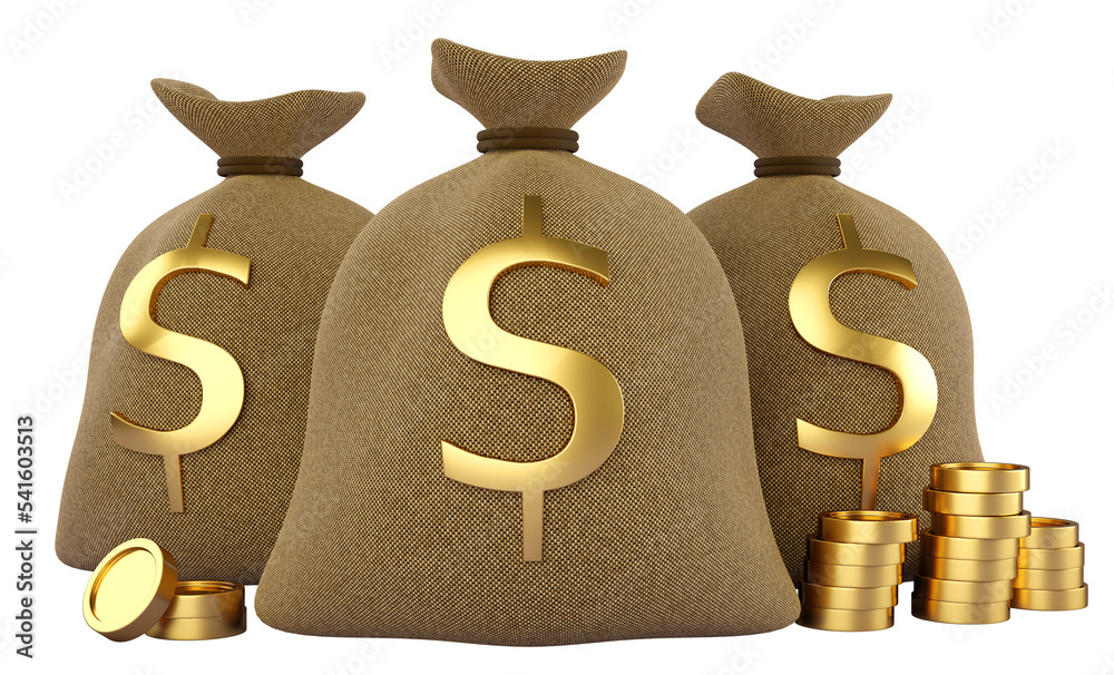 3d Money Bag with gold dollar sign and coins stacks. Business, saving ...