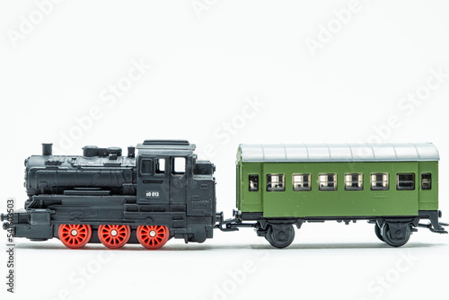 Old vintage train toy locomotive and wagon