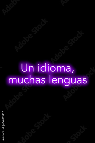High quality illustration. Purple neon sign on a dark isolated background with the phrase one language, many languages. Bright sign for designs or graphic resources