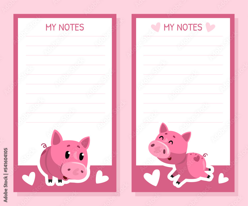 Notes and Wishes Page with Funny Pink Pig Character Vector Template Notes and Wishes Page with Funny Pink Pig Character Vector Template