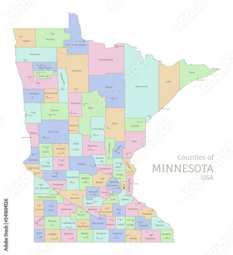 Counties of Minnesota, administrative map of USA federal state. Highly detailed color map of American region with territory borders and counties names labeled realistic vector illustration