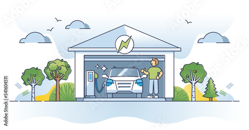 Charging EV or electric vehicle with home garage electricity outline concept. Recharge battery power for modern and green car vector illustration. Hybrid technology as smart alternative for fossil.