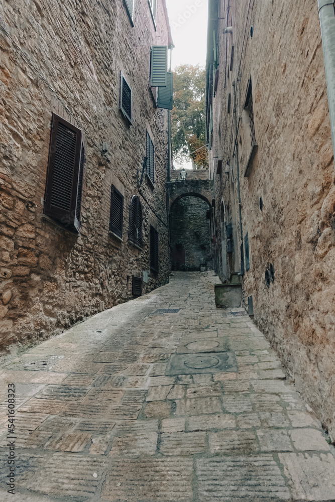 Narrow alley of a medieval town in Tuscany, Italy