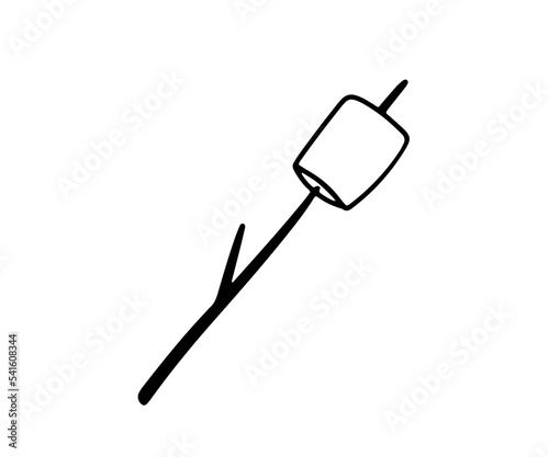 Hand drawn Marshmallow roasted on wooden stick. Vector doodle sketch isolated on white.