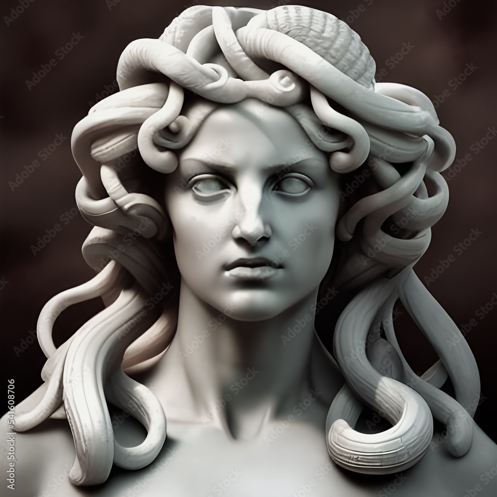 3D illustration of a white marble bust of Medusa, otherwise known as