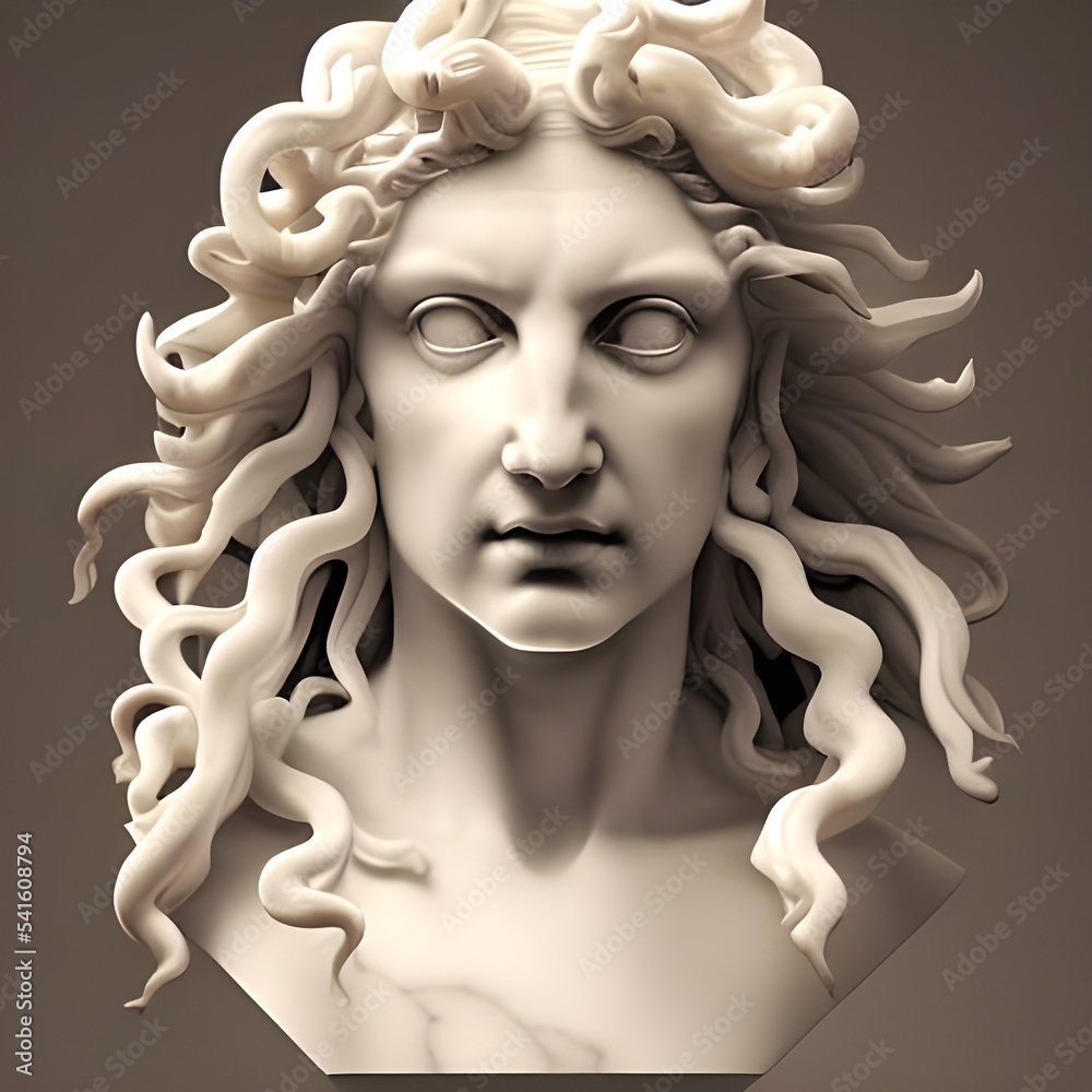 3D illustration of a white marble bust of Medusa, otherwise known as