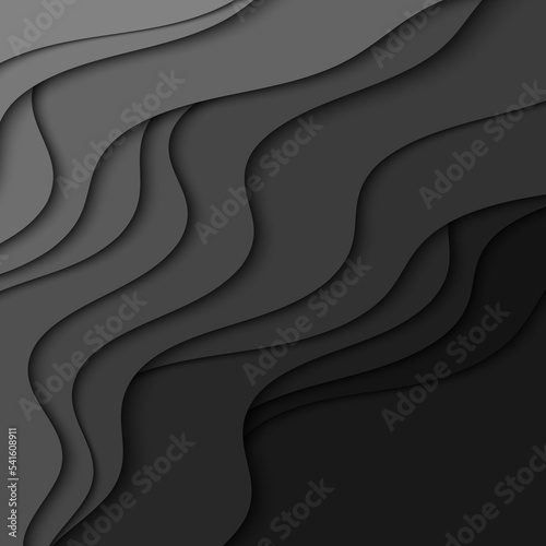 Black wavy paper layers cutout with shadow effect. Abstract vector 3d paper cut illustration.