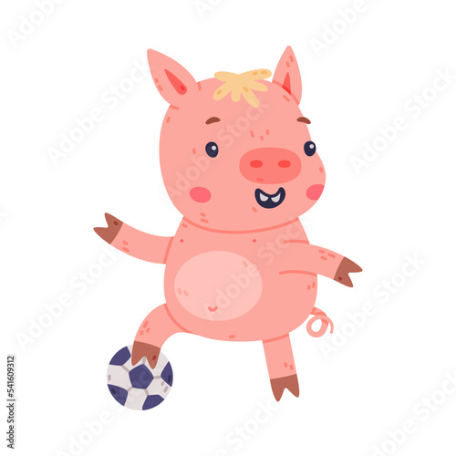 Funny Pink Piggy Character with Hoof Playing Football Vector Illustration