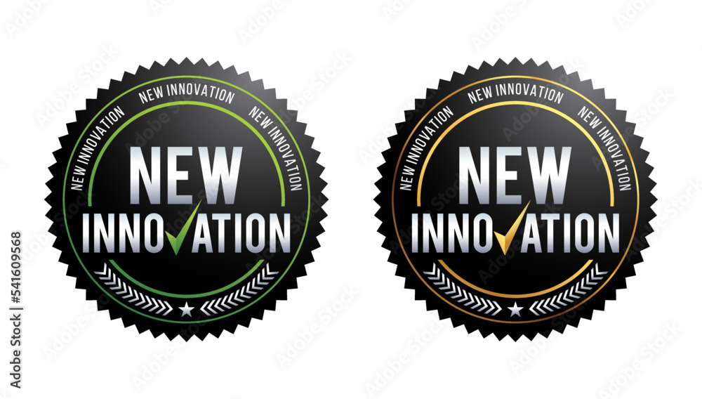 New Innovation black round label. template for icon, logo, sticker, emblem, symbol, sign, seal, frame, stamp, certificate, business product. Vector Illustration