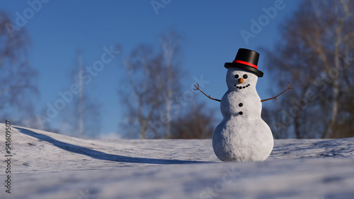 Smile and nose of a snowman. Winter vacation. Frosty weather. Snowman in the park. 3d rendering. 