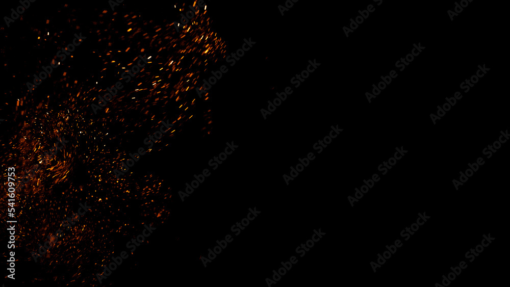 Overlay fire sparks bonfire embers. Burning red hot flying sparks fire rise in the dark night sky. Royalty high-quality stock fire embers particles rising over on black background