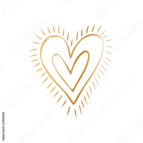 Simple golden doodle hand drawn heart. Isolated design element for valentine's day, wedding, romance