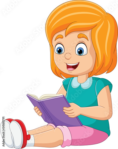 Cartoon little girl sitting and reading a book