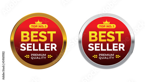 set of Top no. 1 best seller round label. Gold and metal elegant, template for icon, logo, sticker, emblem, symbol, sign, seal, frame, stamp, certificate, business product. Vector Illustration