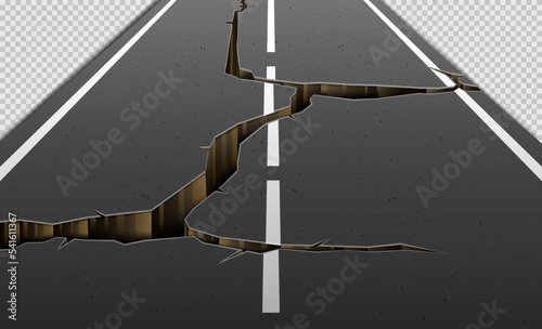 Cracks in Asphalt Roads caused by Earthquakes. Cracks on the Highway on a Transparent Background. Vector Illustration
