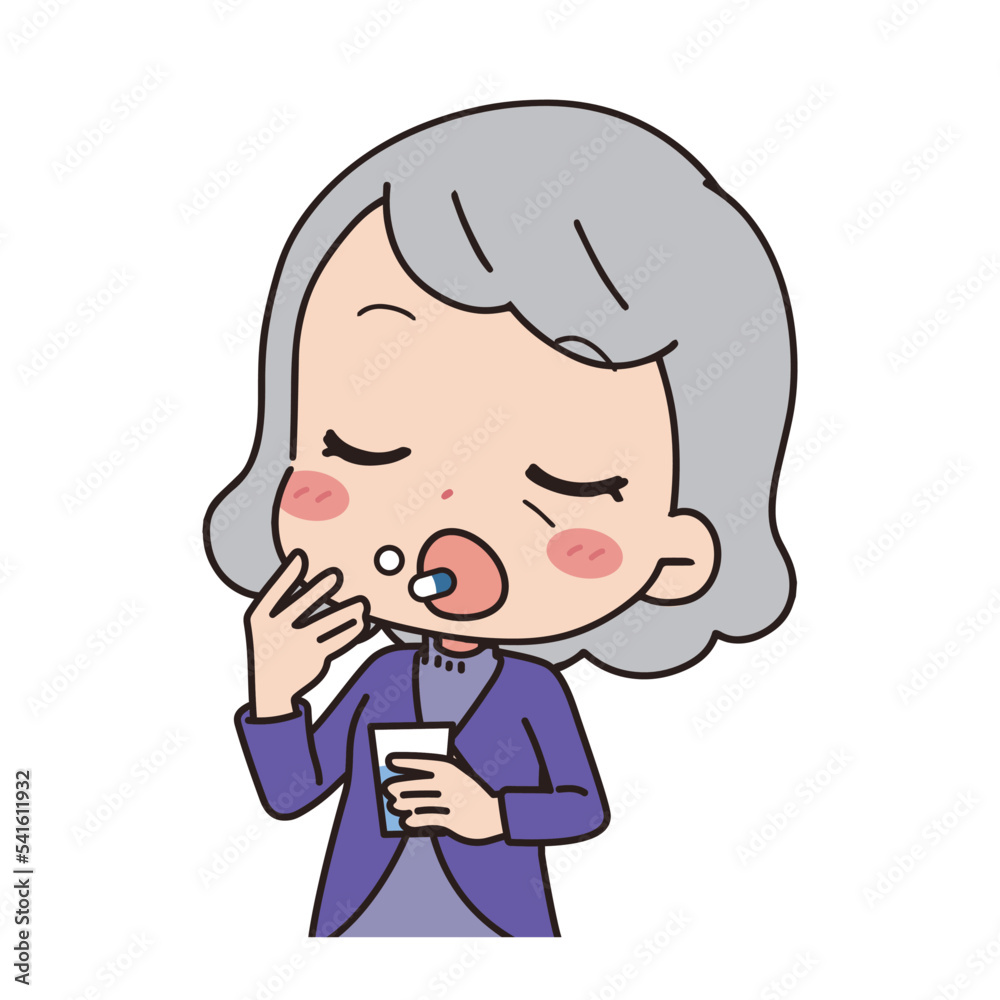 Illustration of a senior woman taking medicine, upper body. Illustration of a senior woman taking medicine, upper body.