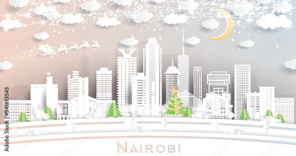 Obraz premium Nairobi Kenya City Skyline in Paper Cut Style with Snowflakes, Moon and Neon Garland.