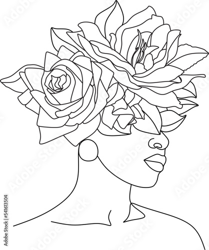 Abstract face of african girl with flowers one line drawing vector illustration. Portrait in a minimalist style. Botanical print. Natural symbol of cosmetics. Modern continuous line art. Fashion print