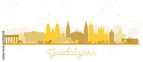 Guadalajara Mexico City Skyline Silhouette with Golden Buildings Isolated on White.