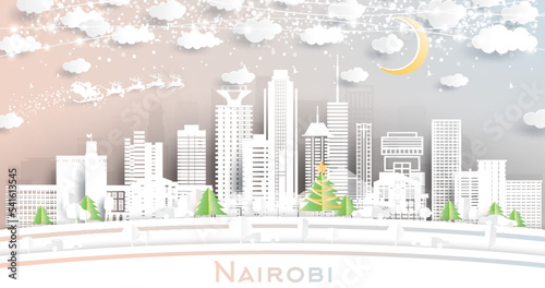 Nairobi Kenya City Skyline in Paper Cut Style with Snowflakes, Moon and Neon Garland.