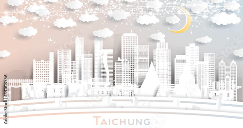 Taichung Taiwan City Skyline in Paper Cut Style with White Buildings, Moon and Neon Garland.