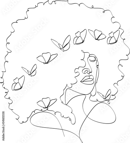 Abstract face of african girl with butterflies one line drawing vector illustration. Portrait in a minimalist style. Botanical print. Natural symbol of cosmetics. Modern continuous line art. Fashion p