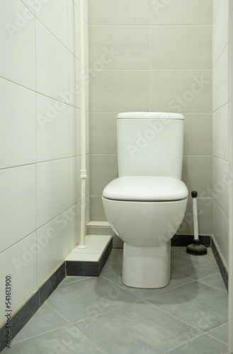 White toilet bowl in the toilet room with a flush tank
