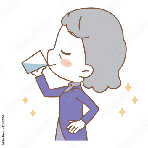 Illustration of a senior woman drinking water, upper body.