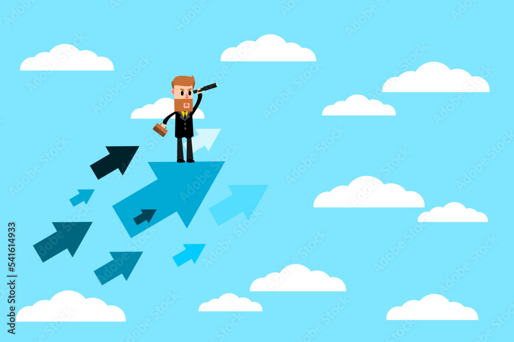 Businessman who are searching for opportunities to improve themselves. Businessman standing on flying arrows. Business Concept. Vector illustration Businessman who are searching for opportunities to improve themselves. Businessman standing on flying arrows. Business Concept. Vector illustration