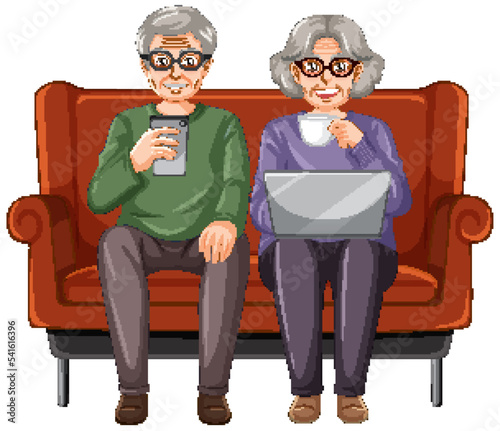 A senior couple cartoon character sitting on couch
