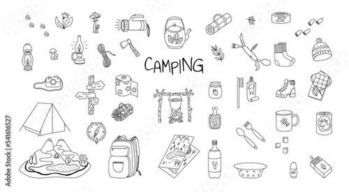 Set of tourist and camping equipment in the style of a doodle on a white background. Picnic in nature. Vector illustration.