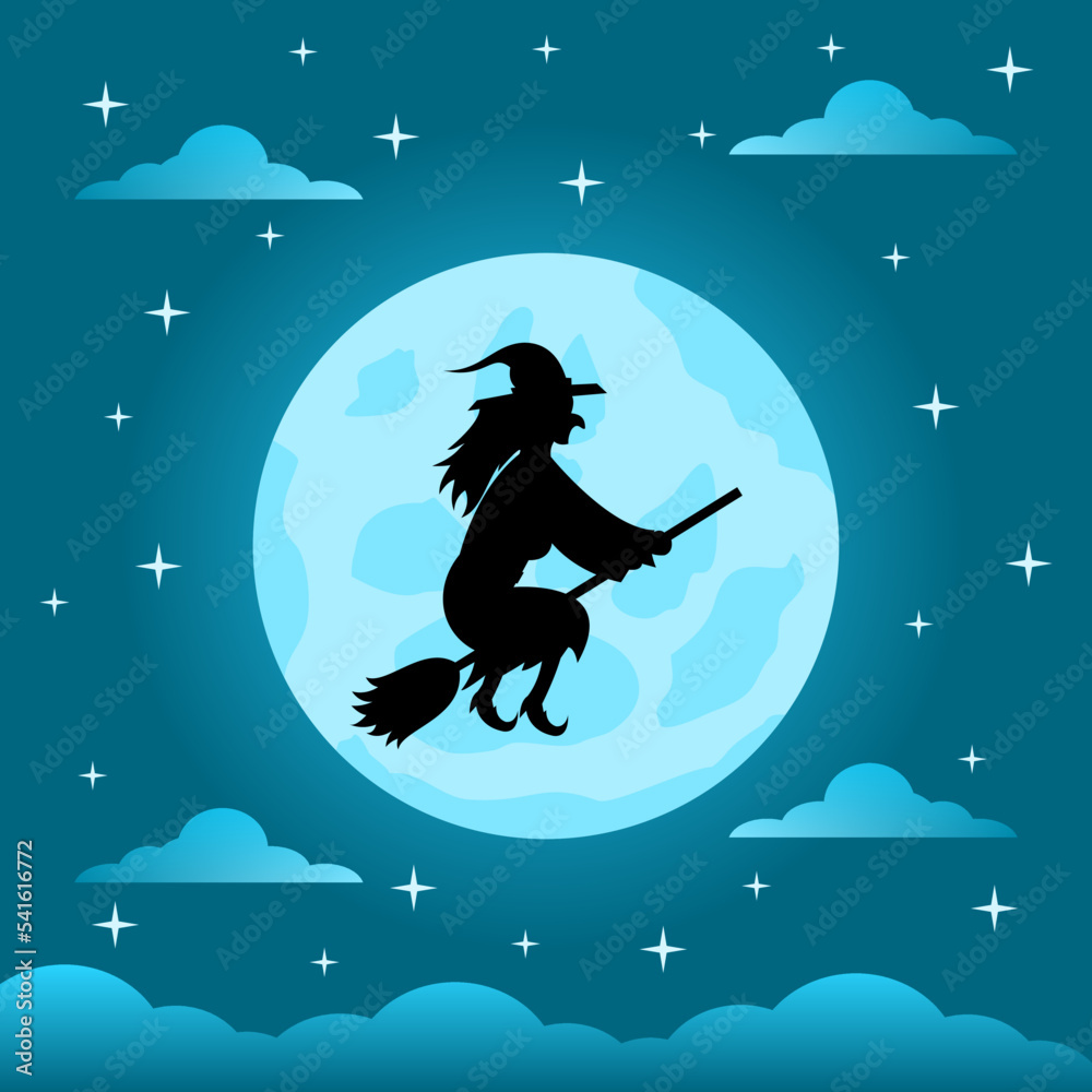 Fototapeta premium A witch riding a broom on the night of the full moon. Happy Halloween graphic design. Vector illustration