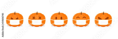 Pumpkin Isolated on white background.Orange Pumpkin on Halloween day. Pumpkin wearing mask. Germ prevention concept. Vector illustration.